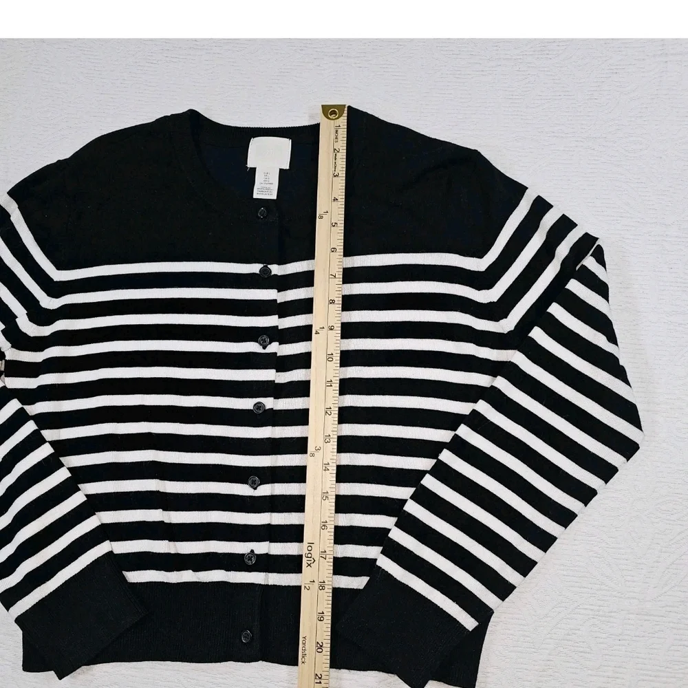 Cardigan Button Sweater Black White Stripe XL Nautical Preppy Classic Old Money - Picture 3 of 5